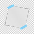 Realistic square white sheet of paper isolated on a transparent background. Blue scotch tape. Template for your project. Vector