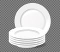 Realistic stack of plates, washed dishes, clean plate pile. Stacked dinnerware, empty white dish, ceramic kitchen tableware vector