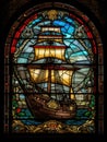 Realistic Stained Glass Window with the image of a old ship with sails, brown tones
