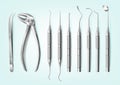 Realistic stainless steel professional dental tools for teeth Royalty Free Stock Photo