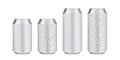 Realistic standard and long aluminium cans with water drops. Vector silver cans of cold beverages, soft drink and energy drinks.