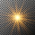 Realistic starburst lighting. Yellow sun rays and glow on transparent background Royalty Free Stock Photo