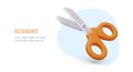 Realistic stationery scissors with yellow handles. Commercial poster for store