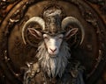 realistic steam punk goat with metal decorations.