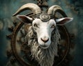 realistic steam punk goat with metal decorations.