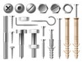 Realistic steel nut. Metal 3D fasteners. Different types bolts and self-tapping screws. Nail caps top view. Metallic Royalty Free Stock Photo