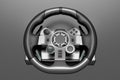 Realistic steering wheel with metallic chrome texture on dark background