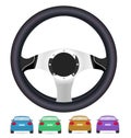 Realistic steering wheel and set of back of cars in vector on white background.