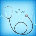 Realistic stethoscope and capsule on blue background, medical care concept, vector