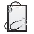 Realistic stethoscope and clipboard with blank sheet