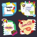 Realistic sticky notes sheets with stickers, sample text and decorative elements. Paper reminders hanging with adhesive Royalty Free Stock Photo