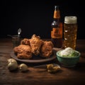 Realistic Still Life: Beer And Fried Chicken With Dramatic Lighting Royalty Free Stock Photo