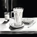 Noir Comic Art: Detailed Illustration Of Milk Mug And Toast On Wooden Table