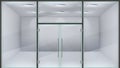 Realistic store door. Glass double office entrance, front exterior mall doors, modern metal frame realistic steel door