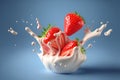 Realistic strawberries against a background of splashes of milk or cream, with copyspace on a blue background.