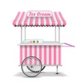 Realistic street food cart with wheels. Mobile pink ice cream market stall template. Ice cream kiosk store mockup