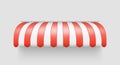 Realistic striped awning. Red and white sunshade. Shelter for store exterior. Outdoor tent for shop