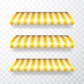 Realistic striped shop sunshade. Store awning. Shop tent isolated set. Vector illustration