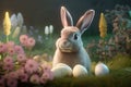 A realistic style image of an easter bunny with eggs and spring flowers. Ai generated. Royalty Free Stock Photo