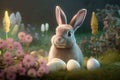 A realistic style image of an easter bunny with eggs and spring flowers. Ai generated.