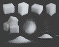 Realistic sugar. 3d glucose in cubes and powder. White grain sugar in spoon, pile top and side views. Sweet fructose Royalty Free Stock Photo