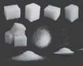 Realistic sugar. 3d glucose in cubes and powder. White grain sugar in spoon, pile top and side views. Sweet fructose seasoning