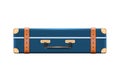 Realistic suitcase retro leather blue case with belts and handle. Vintage bag for luggage vacation