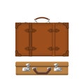 Realistic suitcase retro leather brown case with belts and handle isolated on white background