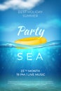 Realistic summer poster. Sea underwater pool party design, ocean beach event banner with waves sky and bottom. Vector Royalty Free Stock Photo