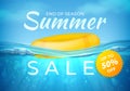 Realistic summer sale poster. End of season sea underwater design banner with waves. Vector label pool colored objects