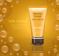 Realistic sun cream package template for your design. Sunscreen tube mock-up product bottle. Cosmetics 3d flacon. Vector