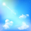 Realistic sun and stars design in blue sky. Peace and beauty, vector illustration. Royalty Free Stock Photo