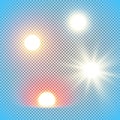 Realistic sun vector illustrations isolated on transparency grid, noon, morning, rising of evening sun Royalty Free Stock Photo