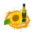 Realistic sunflower oil. Vector oil drops and yellow flower with green leaf. Glass bottle and sunflower