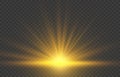 Realistic sunrise lighting. Yellow sun rays and glow on transparent background