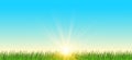 Realistic sunrise over a field of grass. Natural panoramic with bright sunlight background