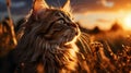 Realistic Sunset Portrait Of A Cute Cat