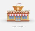 Realistic supermarket building with striped canopy. Decorative shopping basket on roof