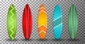 Realistic surfboard vector with several shapes and colors on a transparent background.
