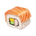 Realistic sushi roll illustration with salmon, avocado and crab isolated on white background. Vector tracing