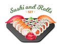 Realistic sushi and rolls. Japanese food composition, serving cold snacks, nori algae with boiled rice and seafood