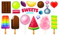 Realistic Sweet candies set. Swirl caramel, assorted circle lollipops, dragee and chocolates, fruit jelly, Sugar clouds Royalty Free Stock Photo