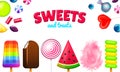 Realistic Sweet candies. Swirl caramel, assorted circle lollipops, dragee and chocolates, fruit jelly, Sugar clouds Royalty Free Stock Photo