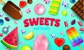 Realistic Sweet candies. Swirl caramel, assorted circle lollipops, dragee and chocolates, fruit jelly, Sugar clouds Royalty Free Stock Photo