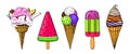 Realistic Sweet ice cream with caramel and waffle cone, chocolate and lollipops and strawberry, fruit jelly and Royalty Free Stock Photo