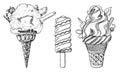Realistic Sweet ice cream with caramel and waffle cone, chocolate and lollipops and strawberry, fruit jelly and Royalty Free Stock Photo