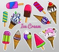 Realistic Sweet ice cream with caramel and waffle cone, chocolate and lollipops and strawberry, tasty fruit jelly and Royalty Free Stock Photo