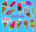 Realistic Sweet ice cream with caramel and waffle cone, chocolate and lollipops and strawberry, Tasty fruit jelly and Royalty Free Stock Photo