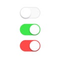 Realistic switch toggle buttons, set or tree sliders in ON and OFF position Vector illustration. Royalty Free Stock Photo