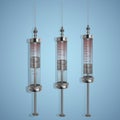 Realistic syringe with drop red blood liquid on light background, iron syringe, vector illustration Royalty Free Stock Photo